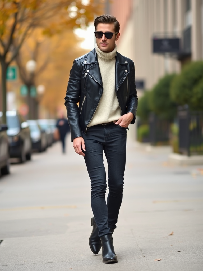 Leather Jacket And Turtleneck
