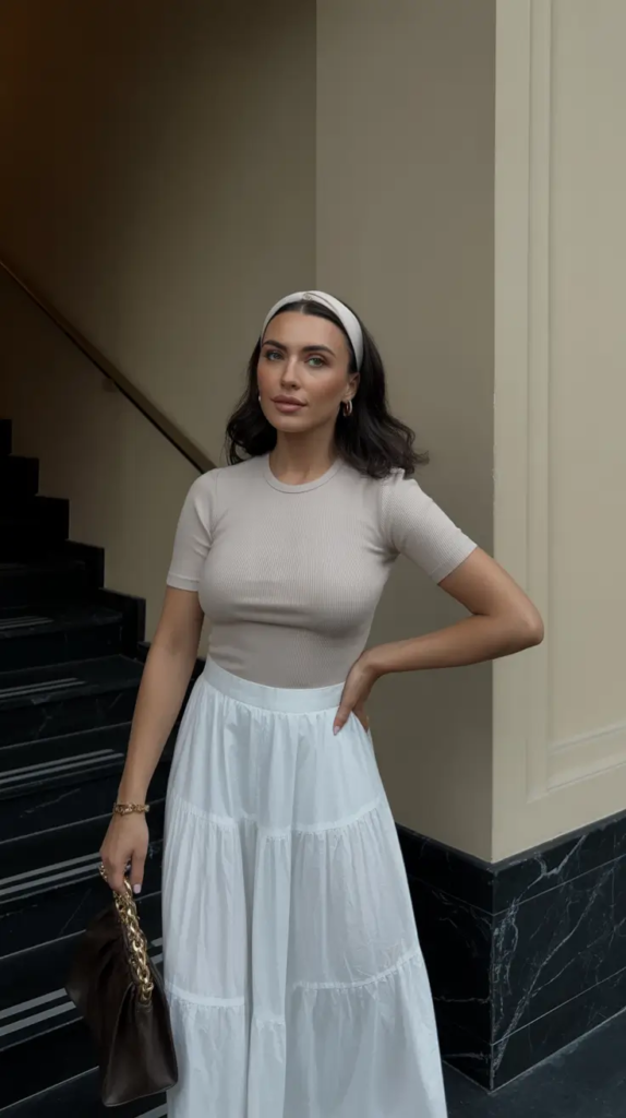 23. Neutral Tee and White Maxi Skirt Grace