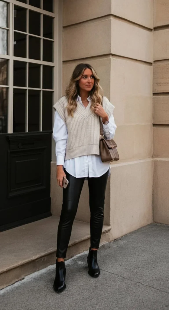 Leather Leggings With Oversized Sweater Vest