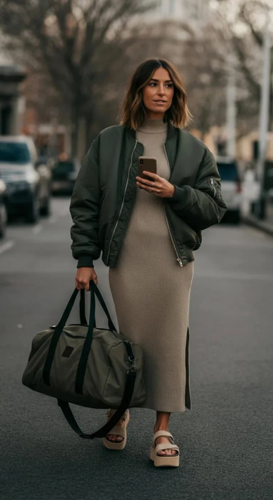 Knit Column Dress With Bomber Jacket