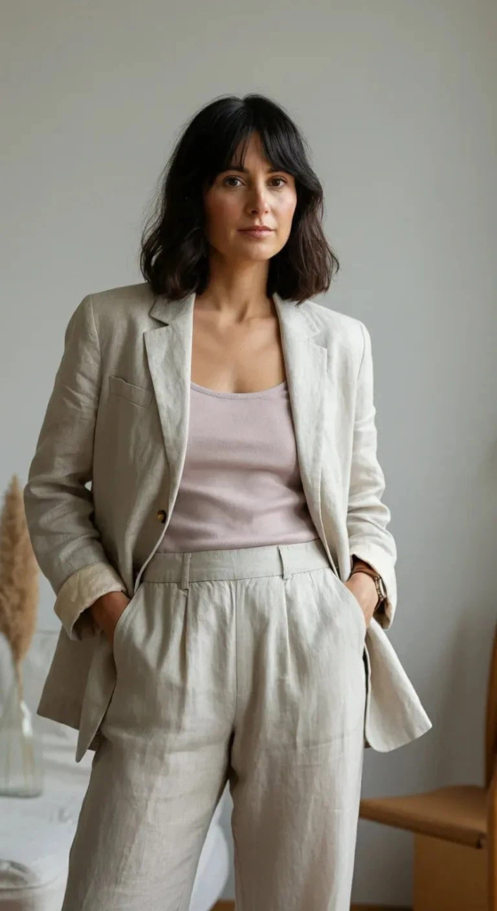 Linen Blazer With Pastel Tank Top And Trousers
