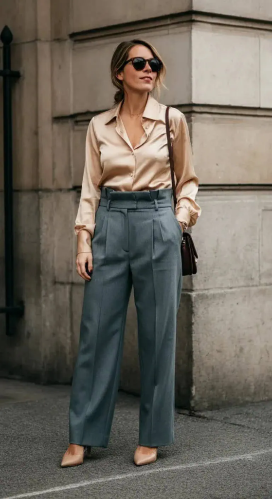 High-Waisted Pants With A Silk Blouse