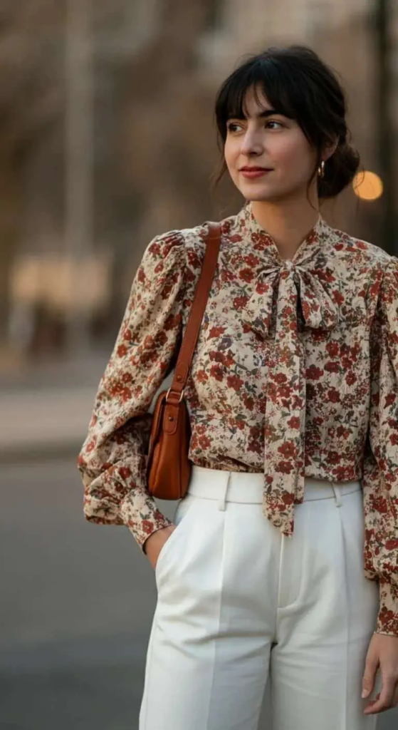 Floral Blouse With White Trousers
