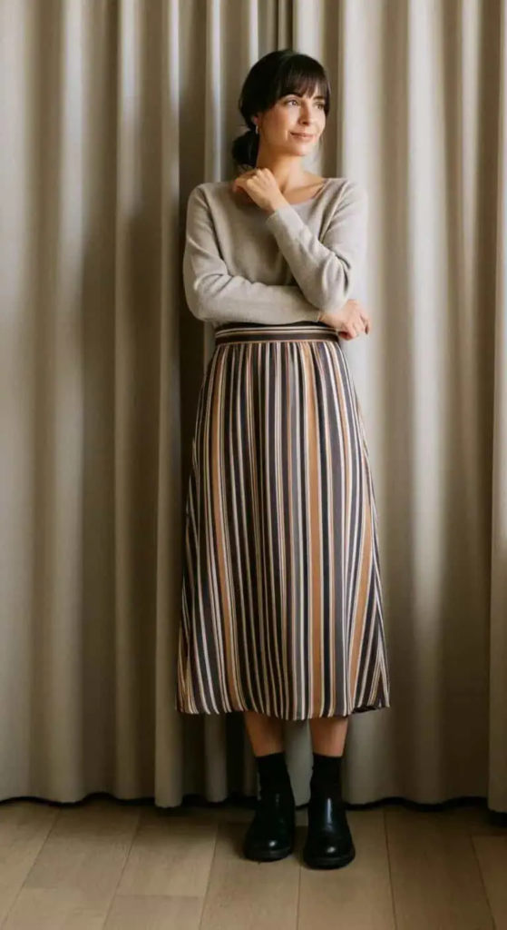 Striped Midi Skirt With A Plain Top