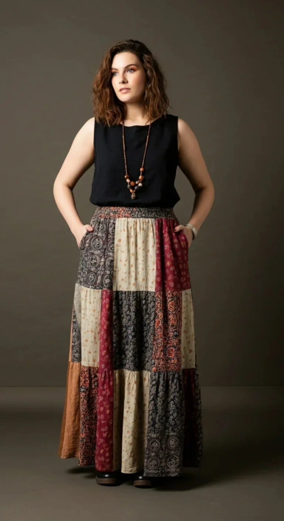 Mixed Print Maxi Skirt with Solid Top