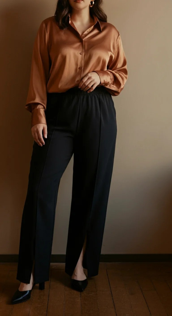 Split-Hem Pants with Tucked Blouse