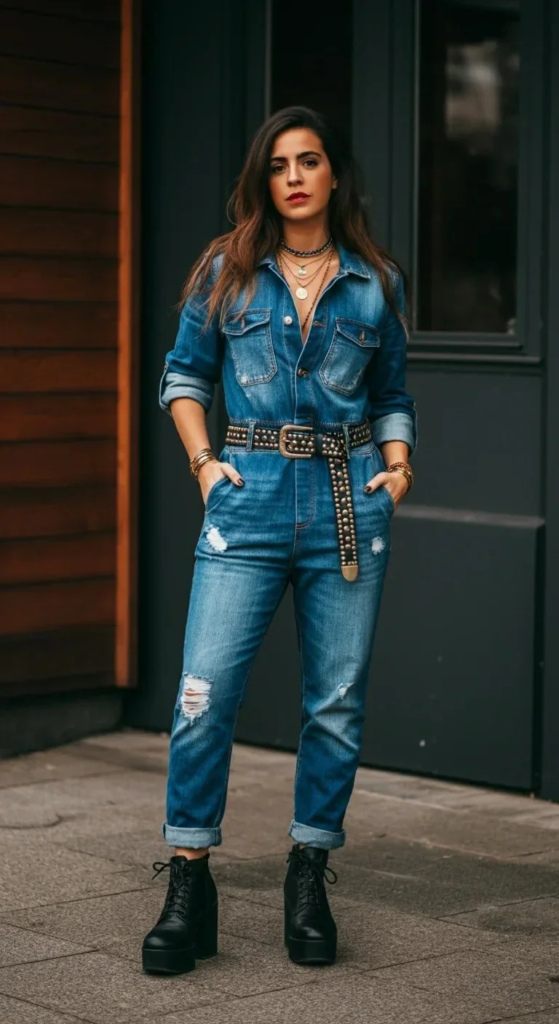 Denim Jumpsuit and Platform Boots
