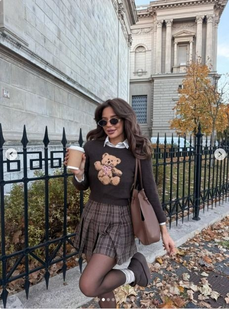 Preppy Teddy Bear Sweater with Plaid Skirt