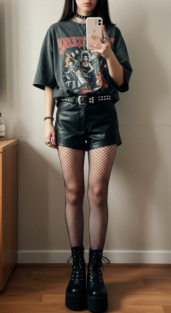 Oversized Band Tee and Leather Shorts