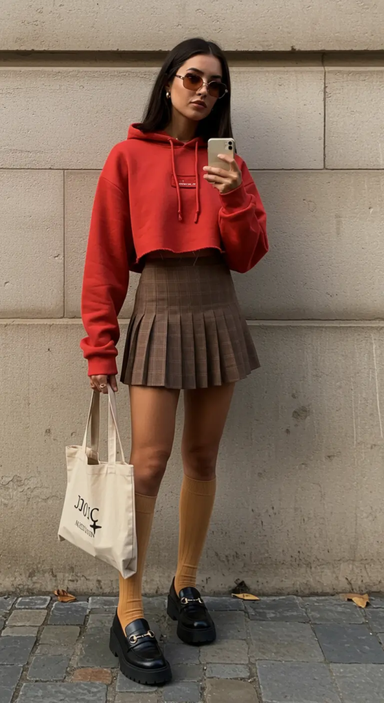 Crop Hoodie and Pleated Mini Skirt
