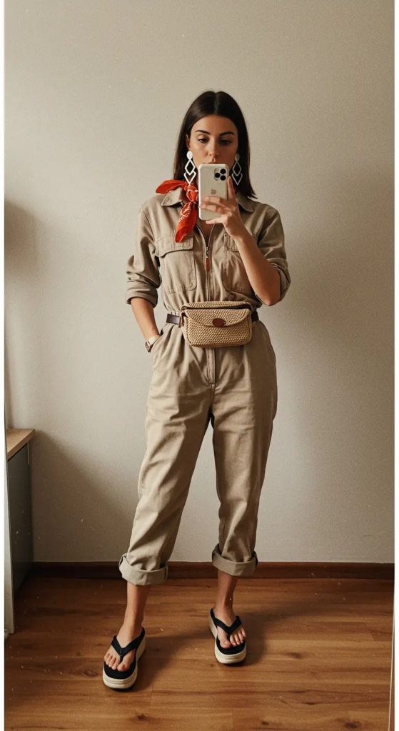 Utility Jumpsuit and Platform Flip Flops