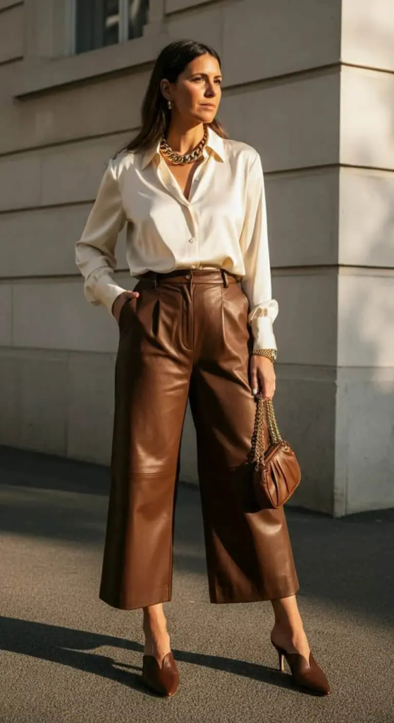 Leather Culottes and Silk Blouse
