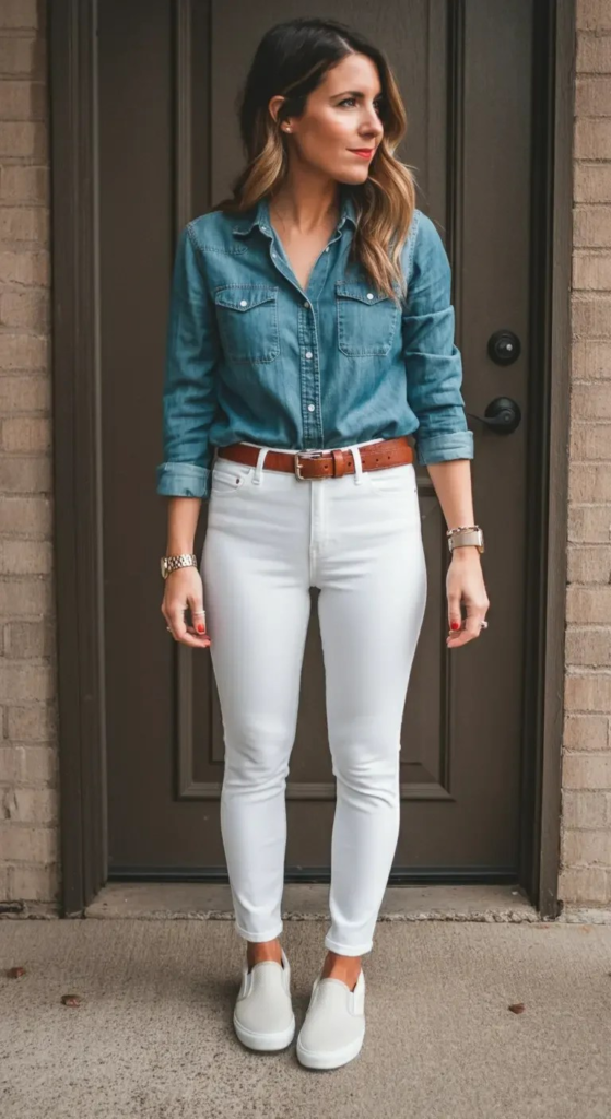 Chambray Shirt and White Leggings