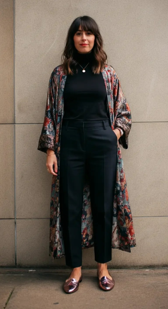 Printed Maxi Kimono with Monochrome Base