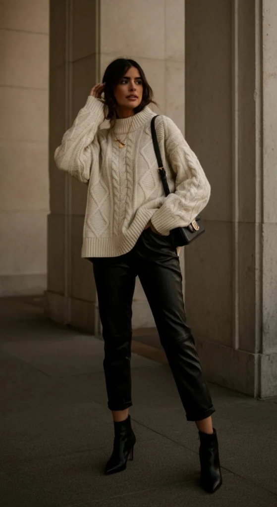 Leather Trousers with Chunky Knit