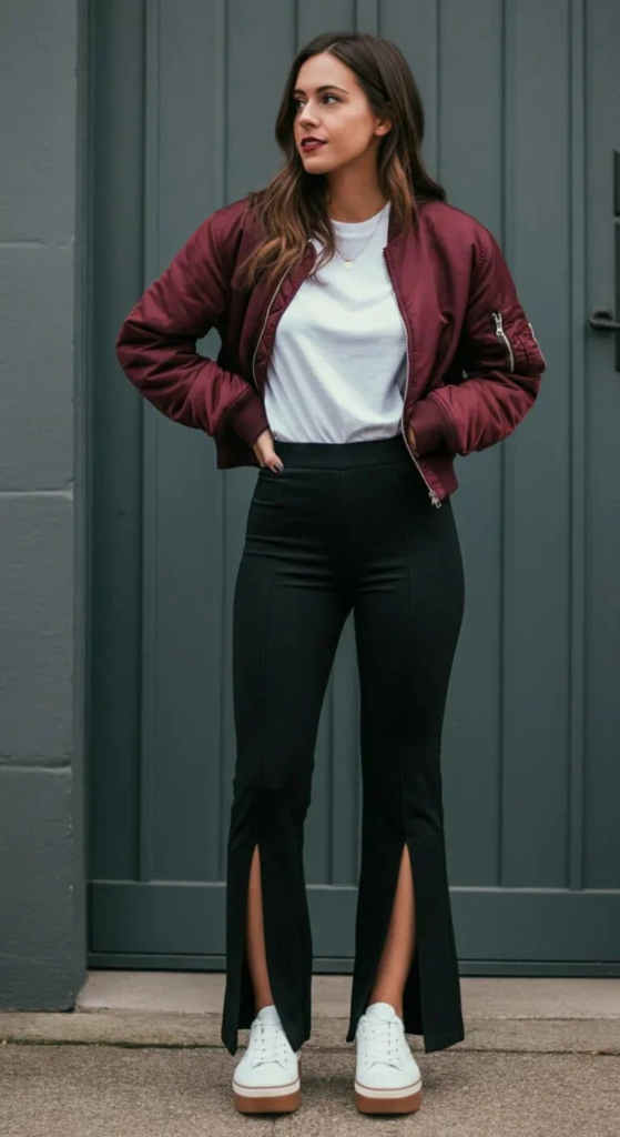 Split Hem Pants with Cropped Bomber