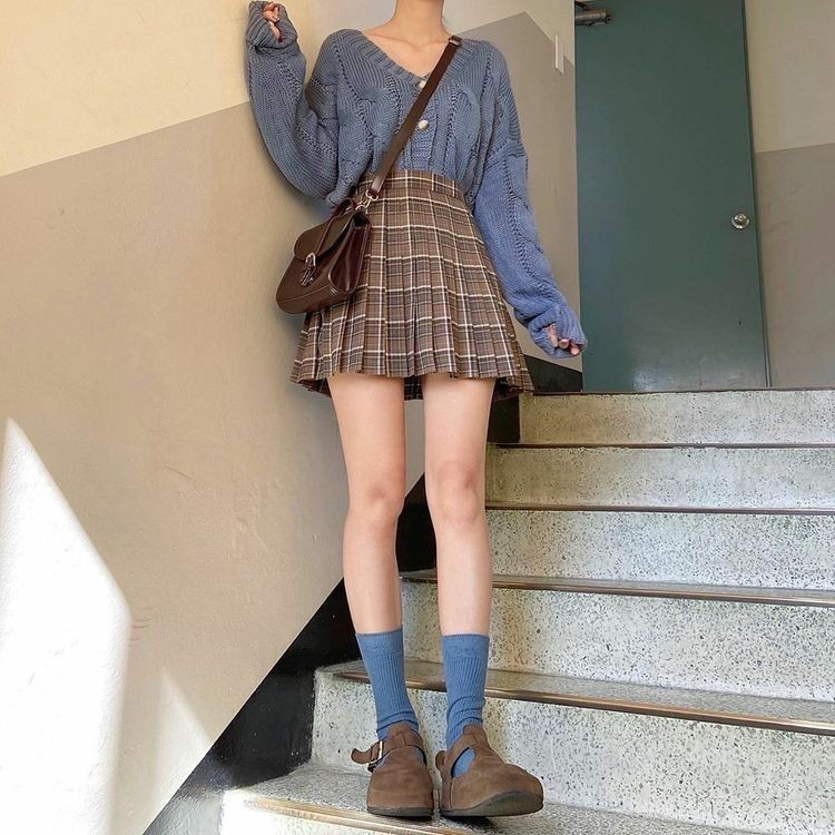 Plaid Midi Skirt with Cream Blouse