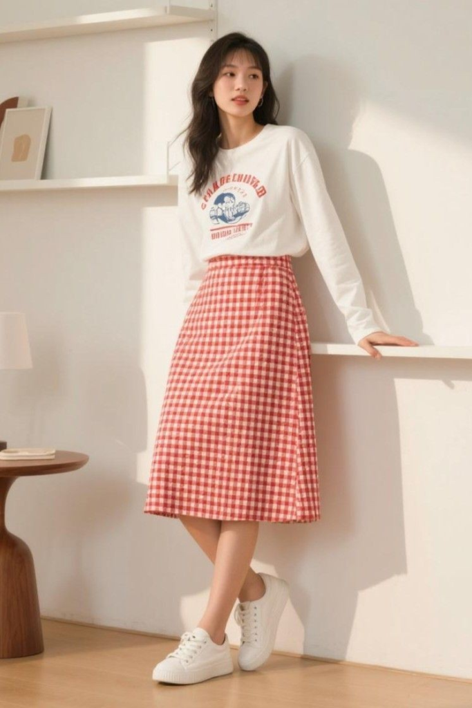 Vintage Graphic Tee Meets Gingham Skirt
