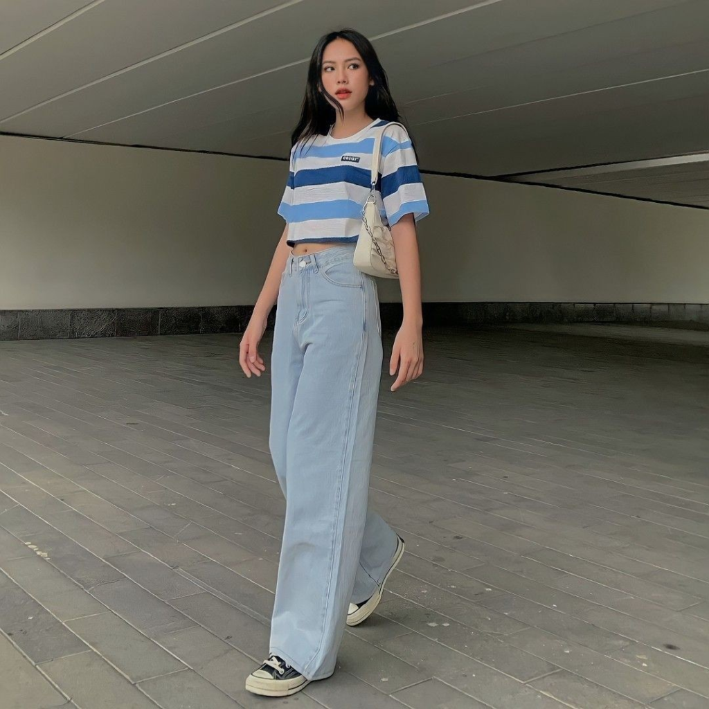 Striped Crop Top and Wide-Leg Jeans