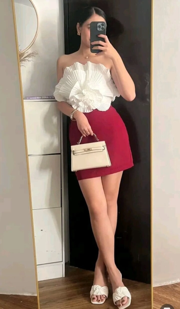 Classic Red Skirt and White Ruffle Top