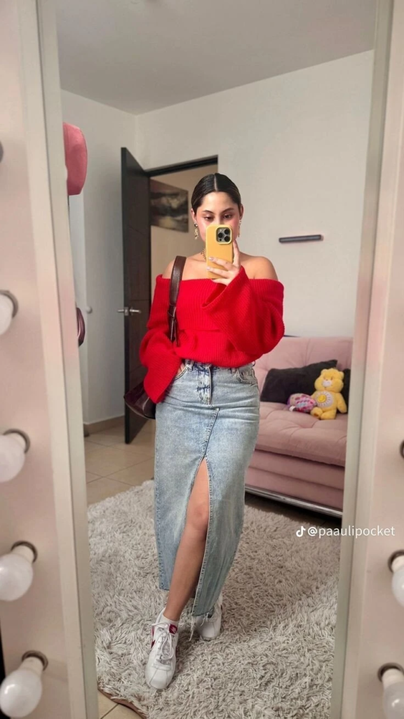 Bold Red Top with Denim Skirt