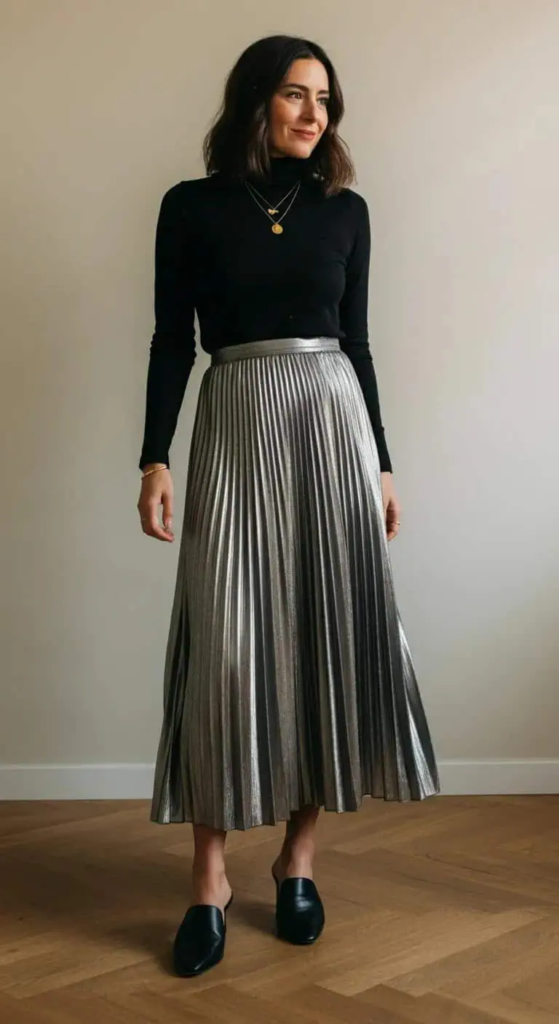 Pleated Metallic Skirt with Turtleneck