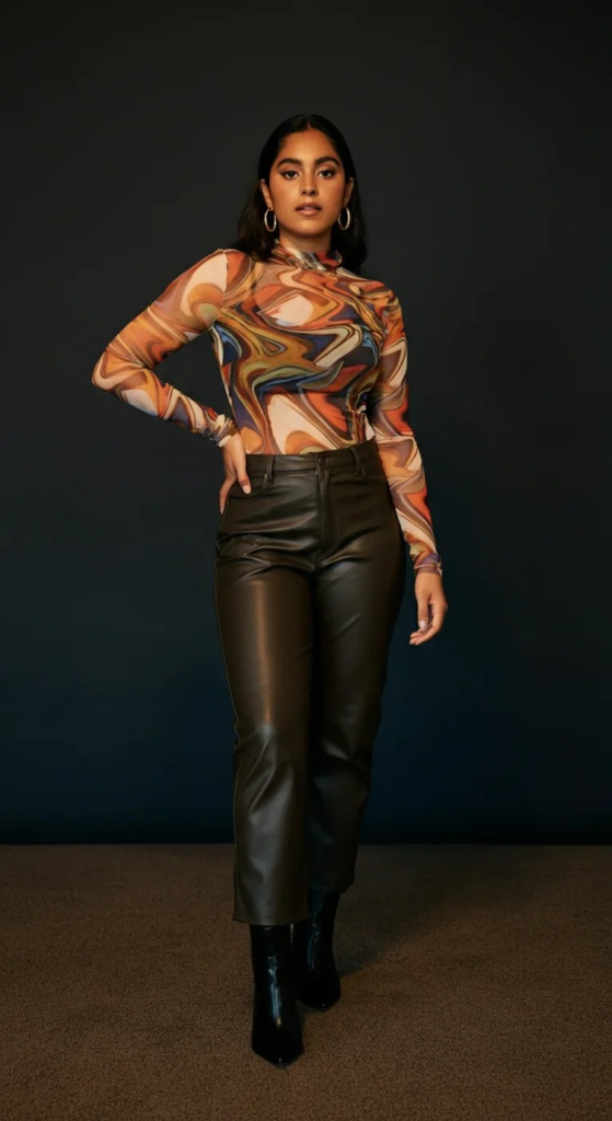 Printed Mesh Top with Leather Pants