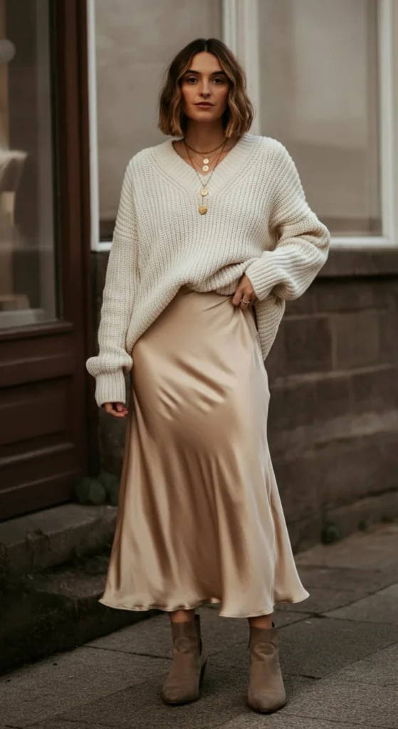 Silk Slip Skirt with Oversized Sweater