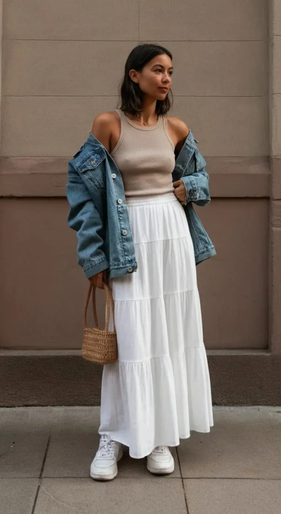 Tiered Cotton Maxi with Denim Jacket