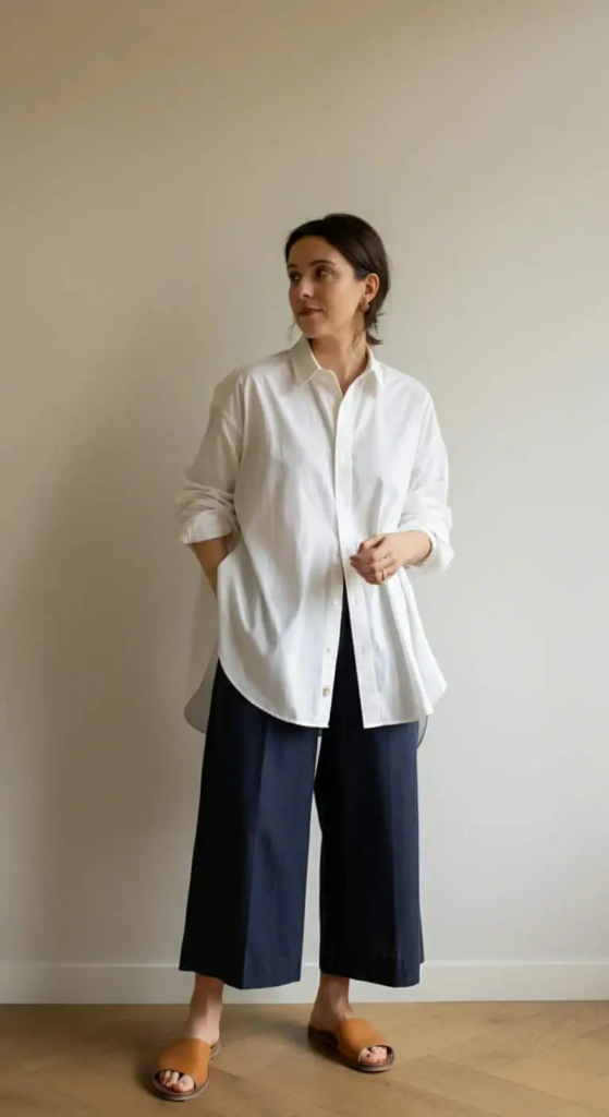 Loose Cotton Shirt with Wide-Leg Crops