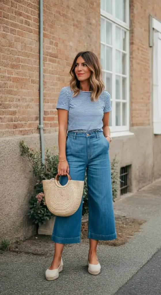 Denim Culottes with Striped Tee