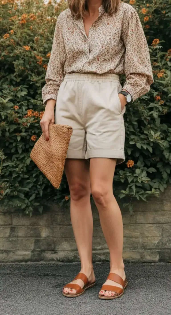 Loose Cotton Shorts with Printed Blouse