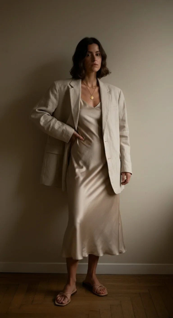 Oversized Linen Blazer with Silk Slip Dress