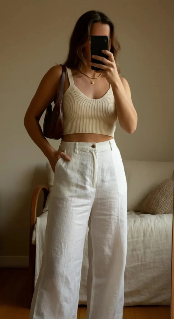Knit Crop Top with Wide-Leg Linen Pants