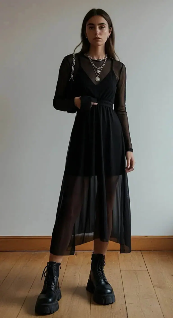 Mesh Overlay Dress with Combat Boots