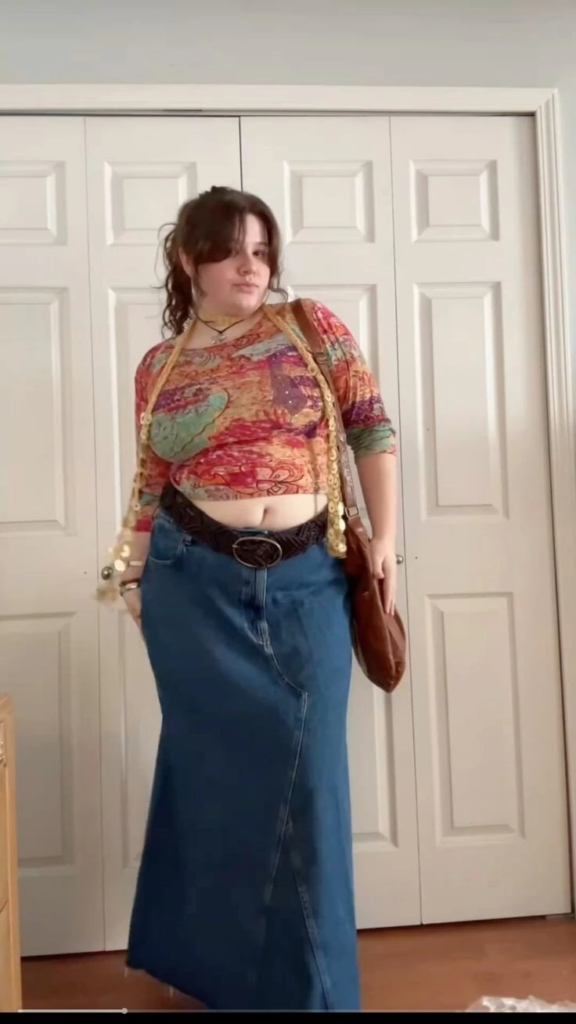 Vibrant Crop Top with Denim Maxi Skirt