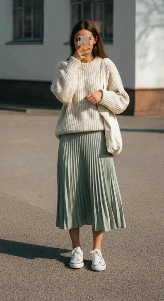 Pleated Midi Skirt and Slouchy Sweater