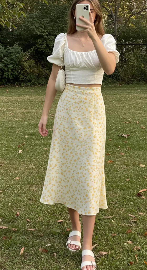 Puff-Sleeve Crop Top and Midi Skirt