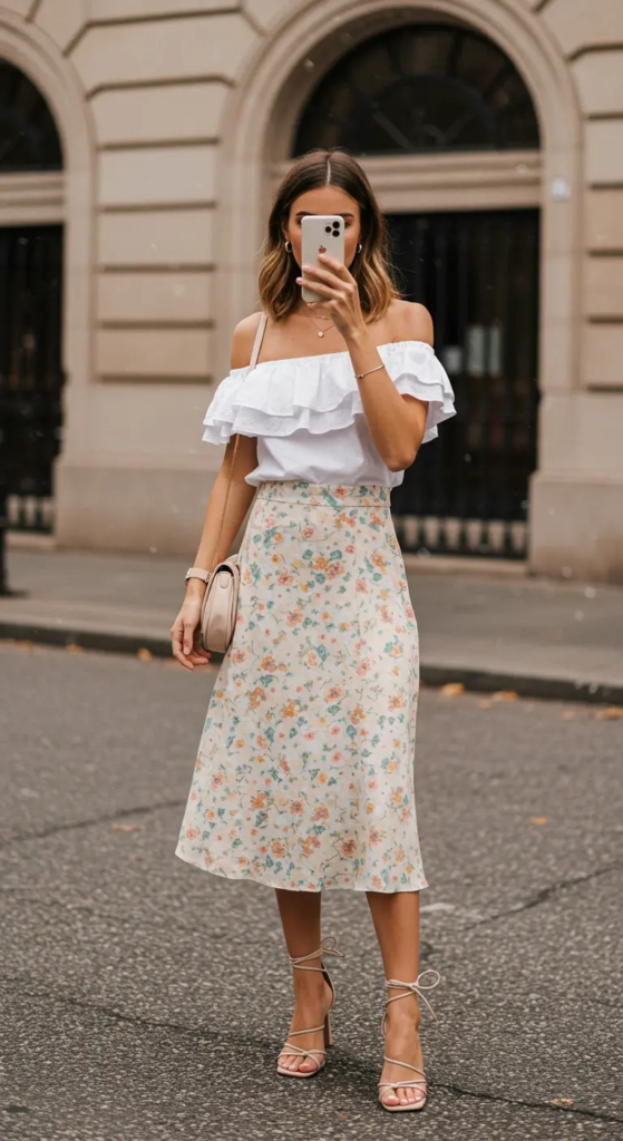 Ruffled Off-Shoulder Top and Midi Skirt