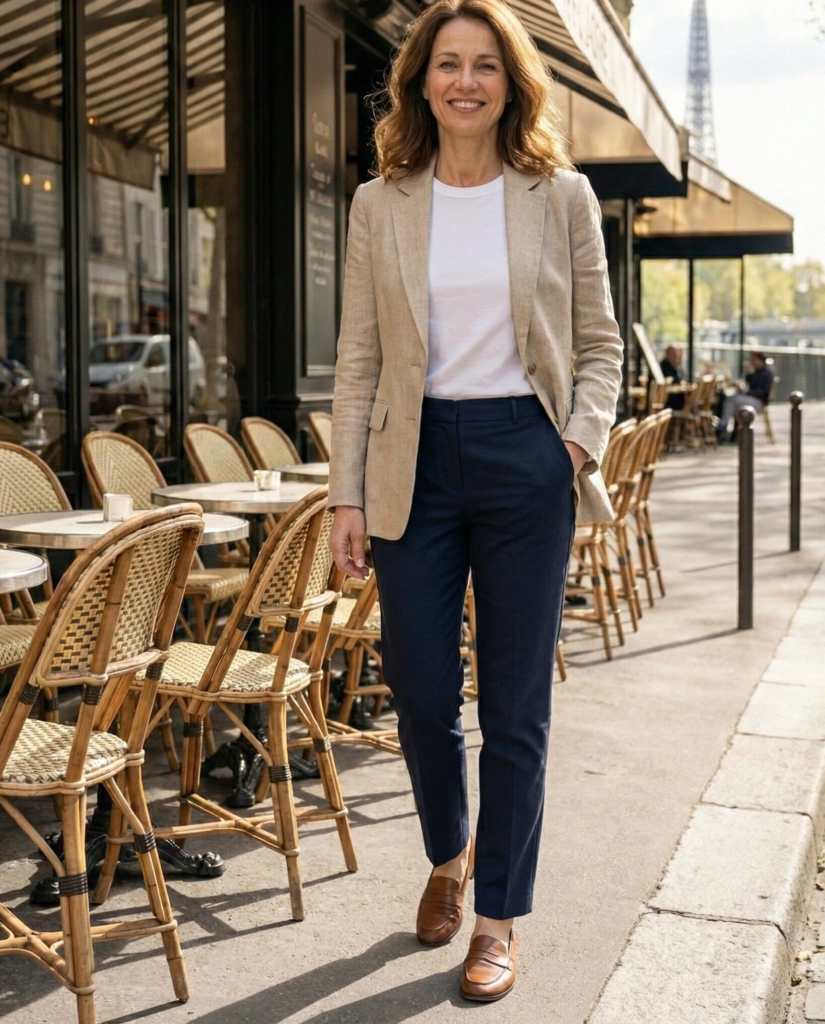 Linen Blazer with White Tee and Trousers
