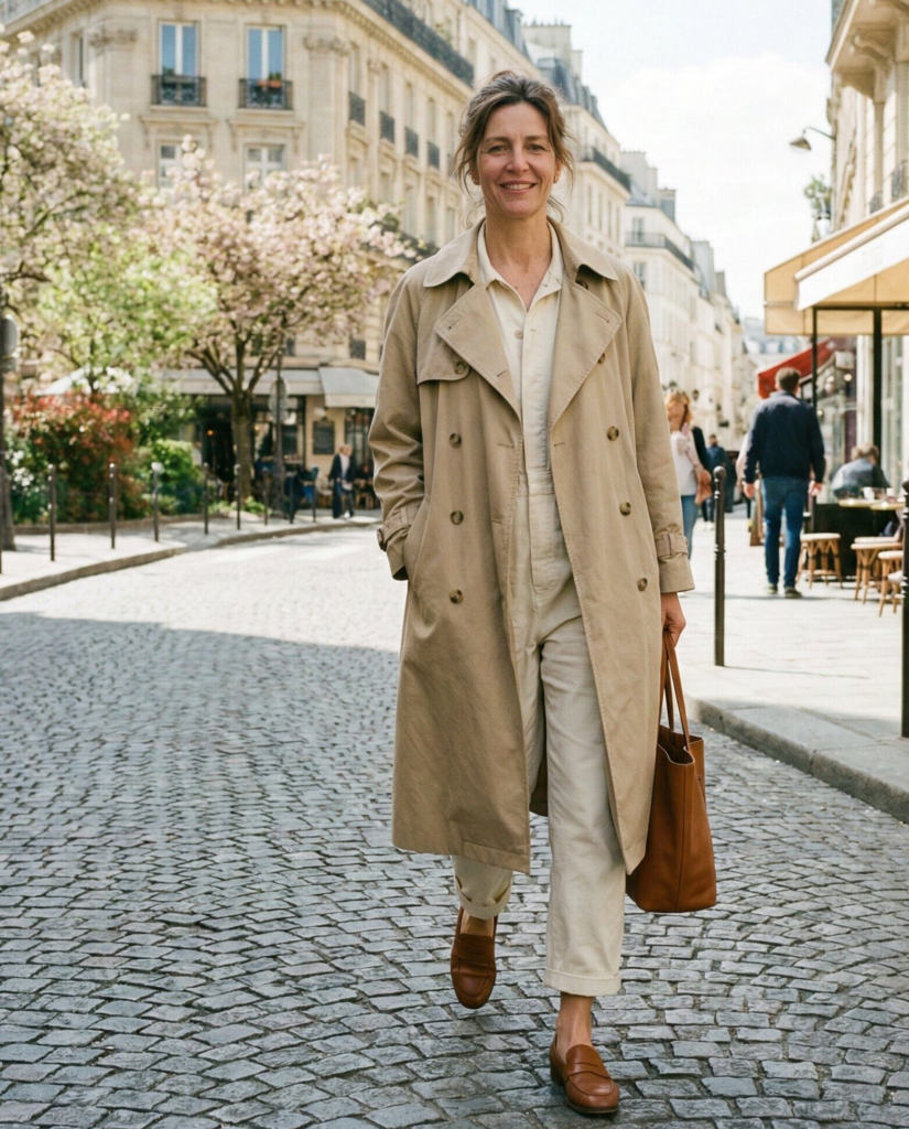 Relaxed Trench with Neutral Jumpsuit
