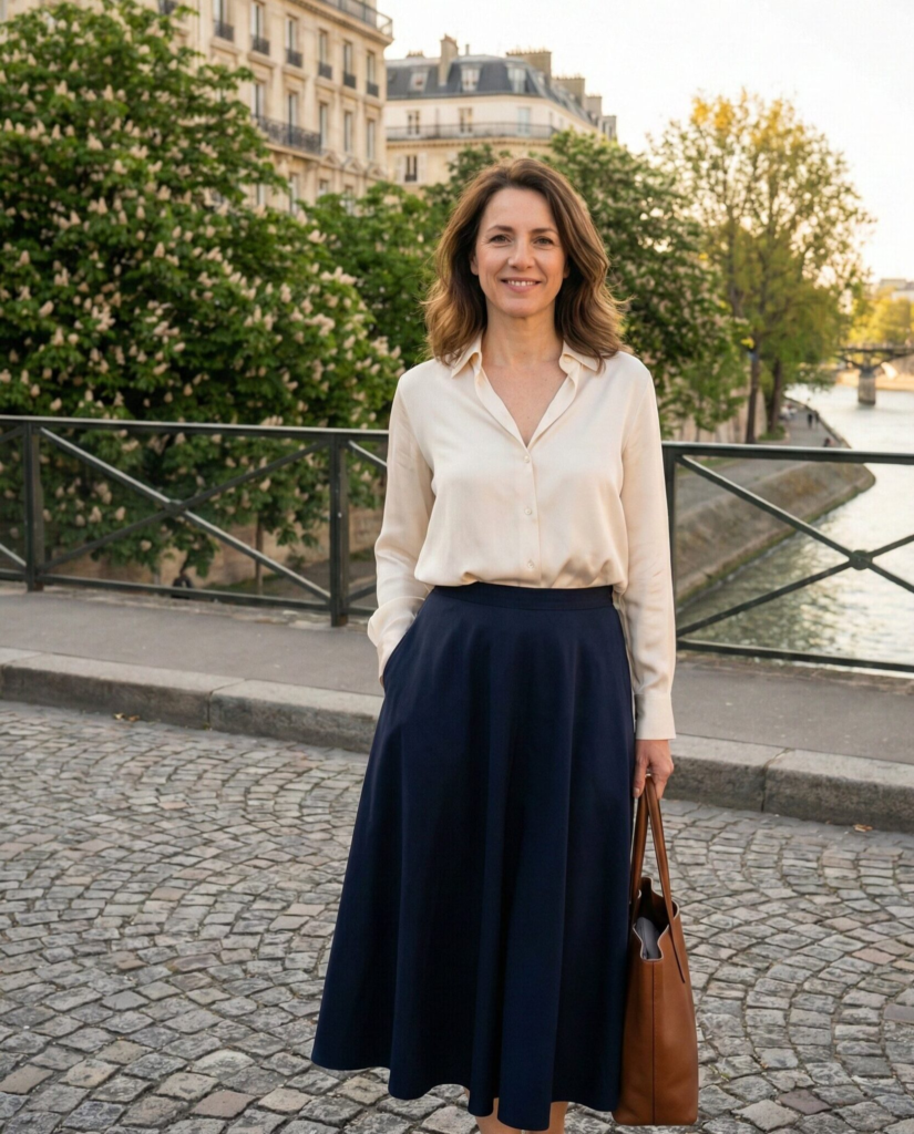 Soft Neutral Blouse with Dark Midi Skirt