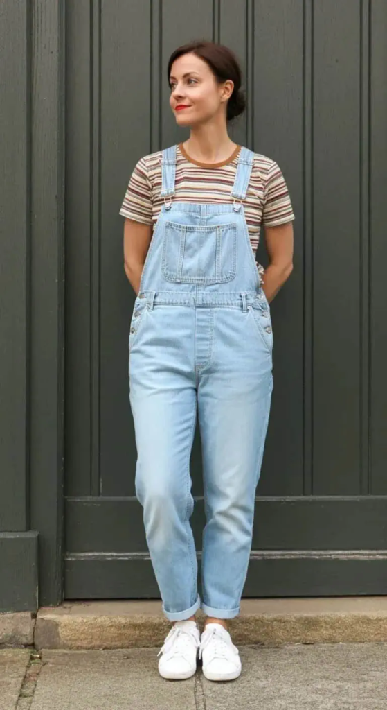 Denim Overalls and Striped Tee