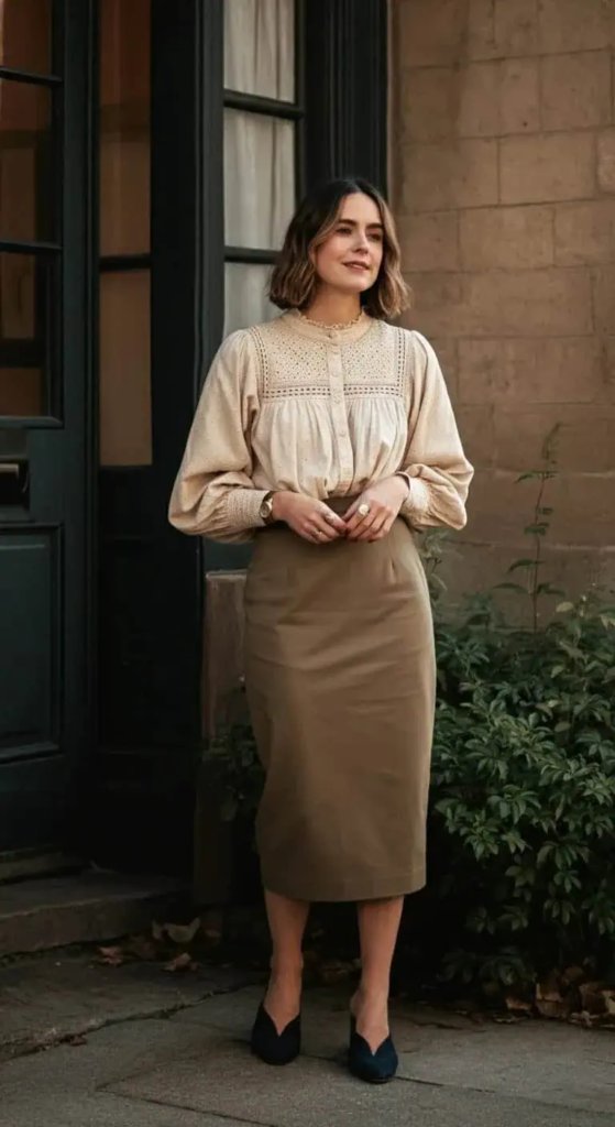 Peasant Blouse with a Pencil Skirt