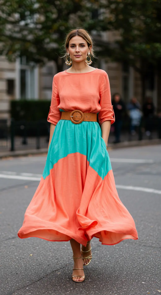Colorblock Maxi Dress with Statement Belt