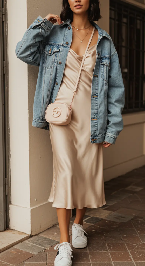 Satin Slip Dress with Oversized Denim Jacket