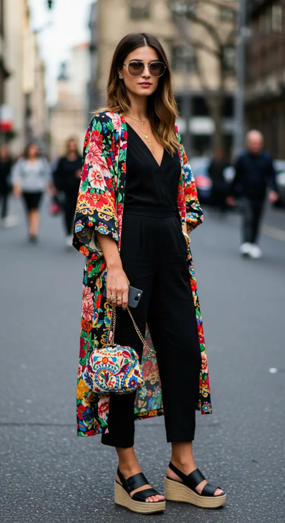 Printed Kimono over Monochrome Jumpsuit