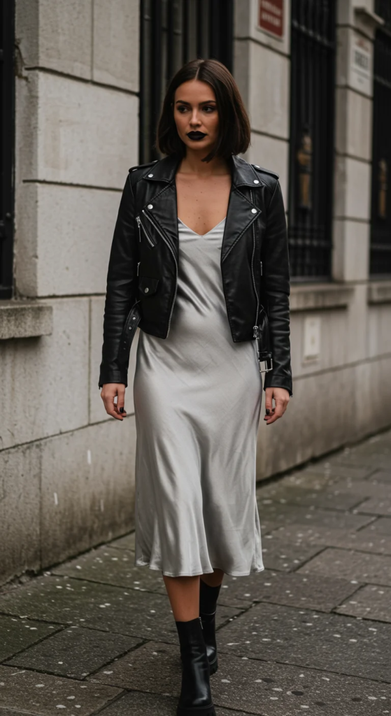 Metallic Slip Dress and Moto Jacket