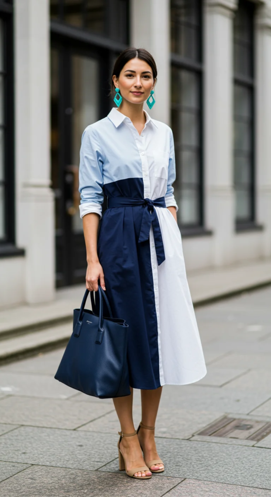 Midi Shirt Dress with Colorblock Design