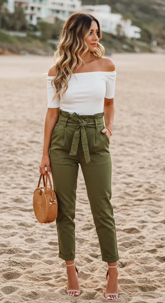Paperbag Waist Trousers and Off-the-Shoulder Top